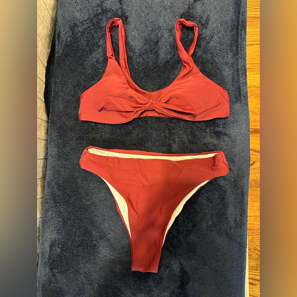 Burgundy Zaful swim suit with removable tie